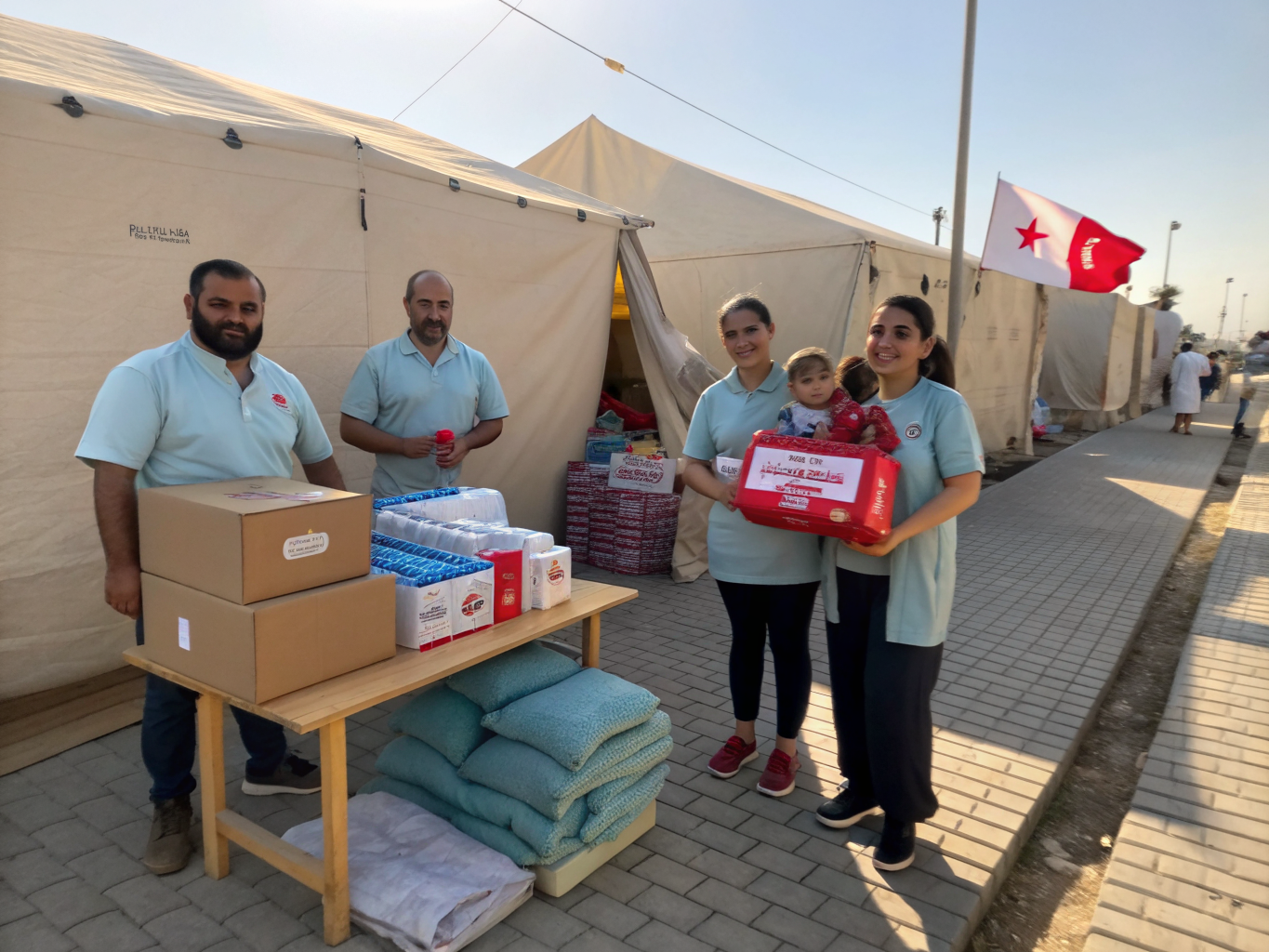 Volunteers handing over boxes of supplies to community members