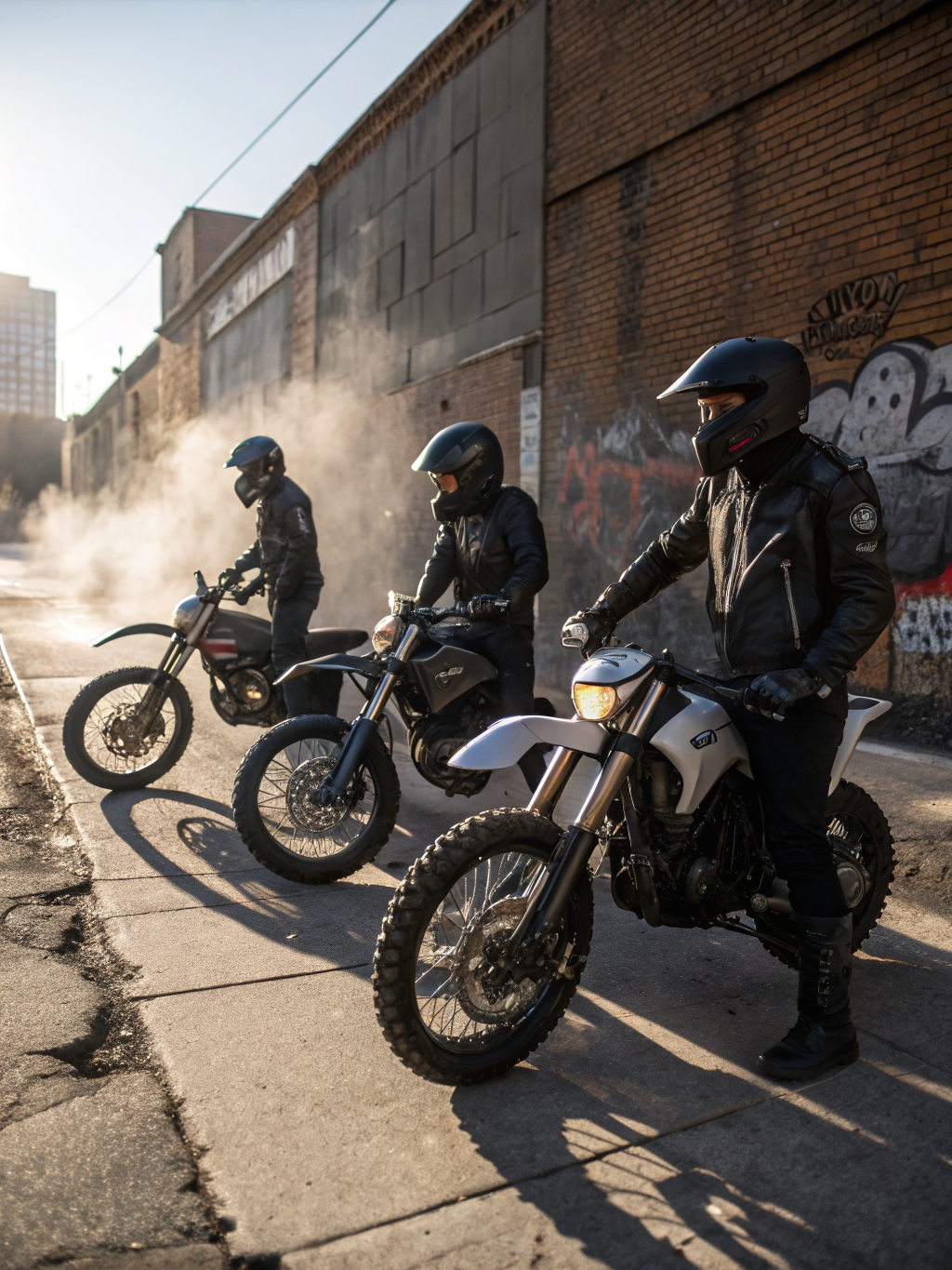 Two riders shaking hands in front of their bikes