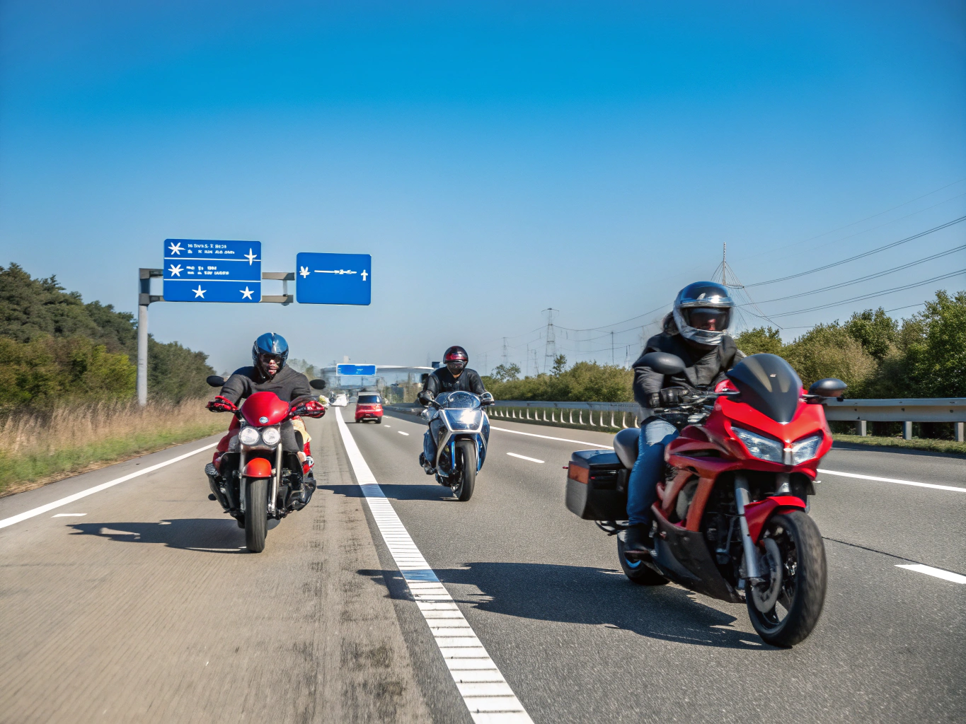A long convoy of motorcycles riding down a scenic highway