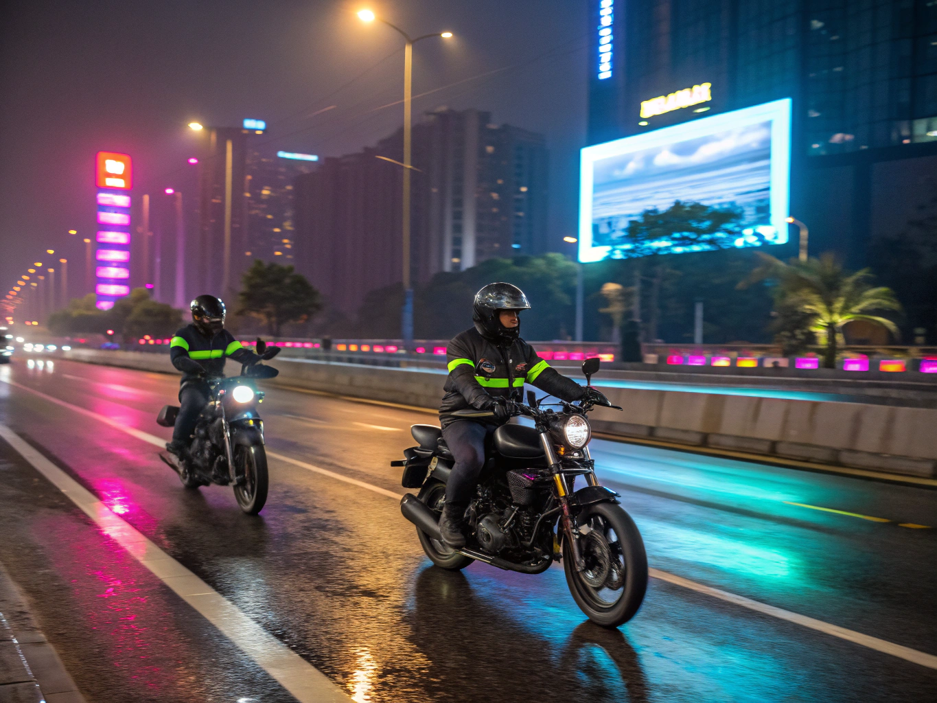 Motorcycles riding through the city at night with glowing lights